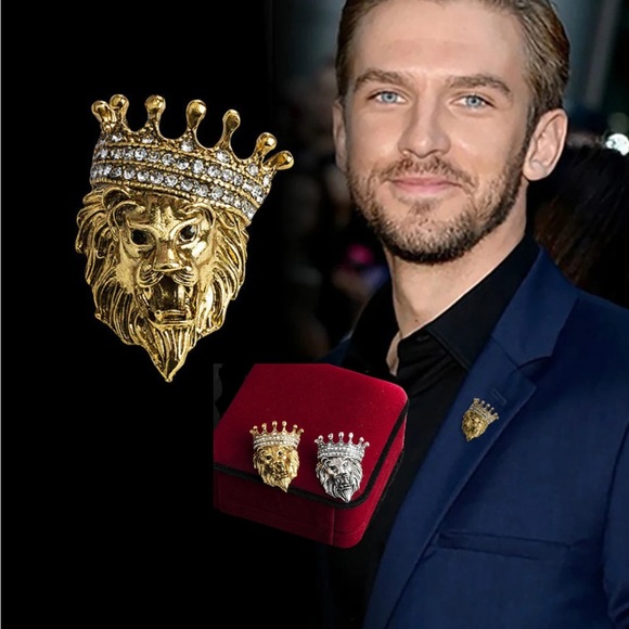 Lion Head Brooch Crystal Crown Lapel Pin for Men Suit Shirt Collar Pins Brooches - Picture 1 of 6